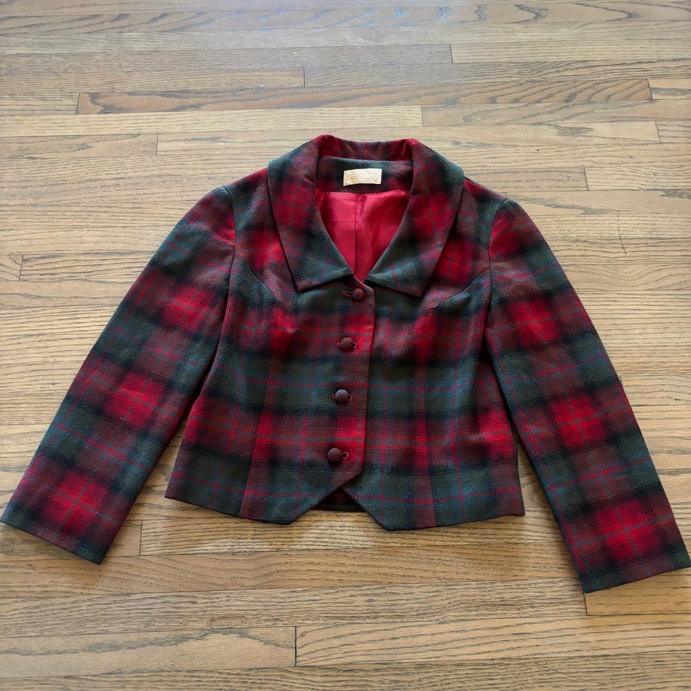 Vintage Pendleton Red Plaid Wool Blazer Jacket Womens 8 Cropped 4-Button Front